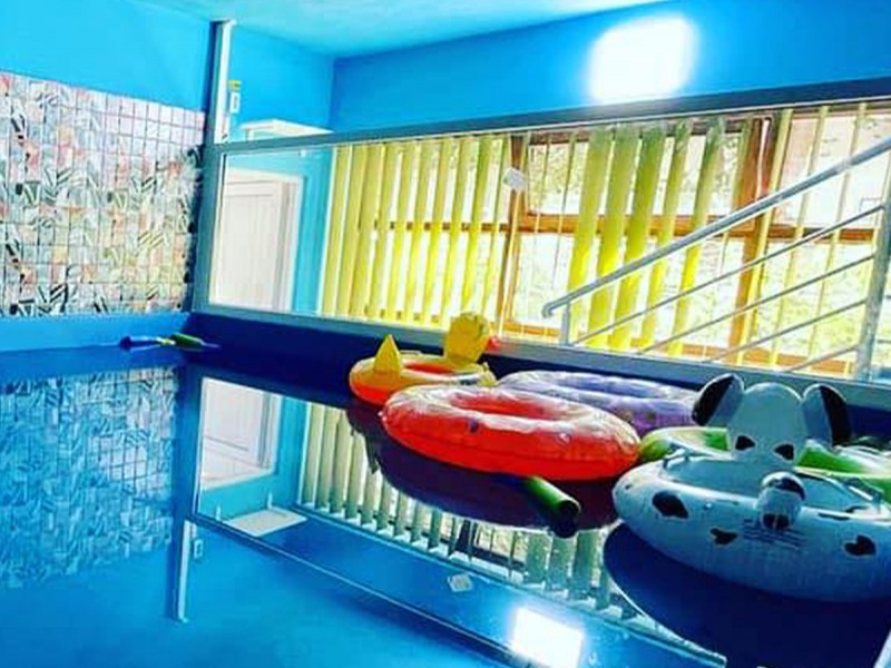Party at a children's playground with heated pool
